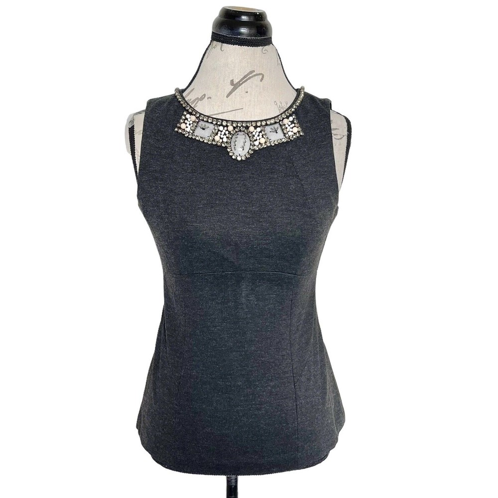 Cabi Womens Blouse Top Sleeveless Necklace Neckline Sequins Pearl Gray Size 2